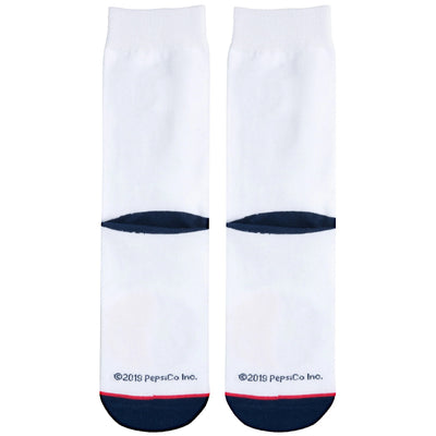 White crew socks with navy toe and heel, red accent stripe, 