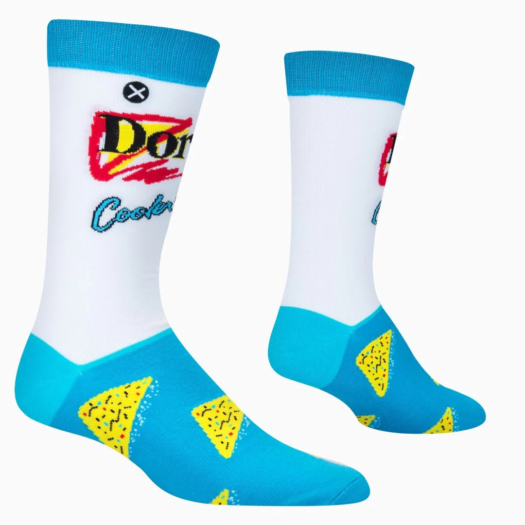 White and blue crew socks with red, black, and yellow 