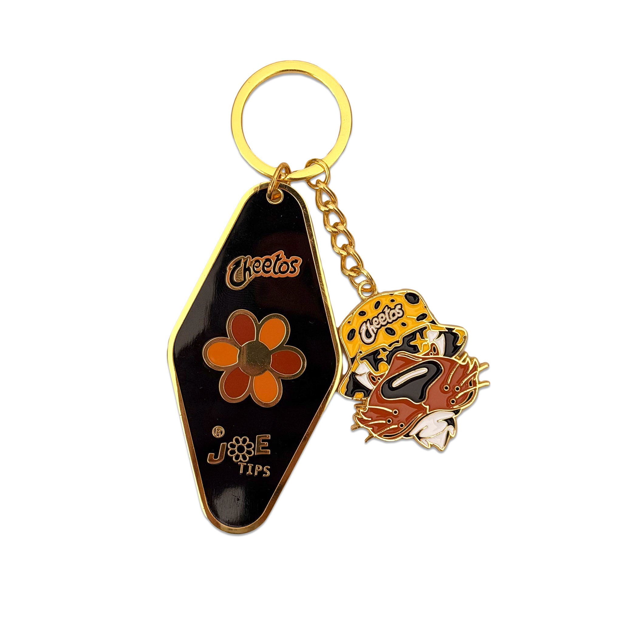 Cheetos X JaeTips key chain with hotel tag and Chester enamel charms