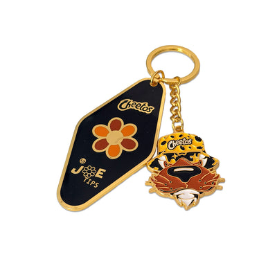 Cheetos X JaeTips key chain, detail of both enamel charms on the split ring